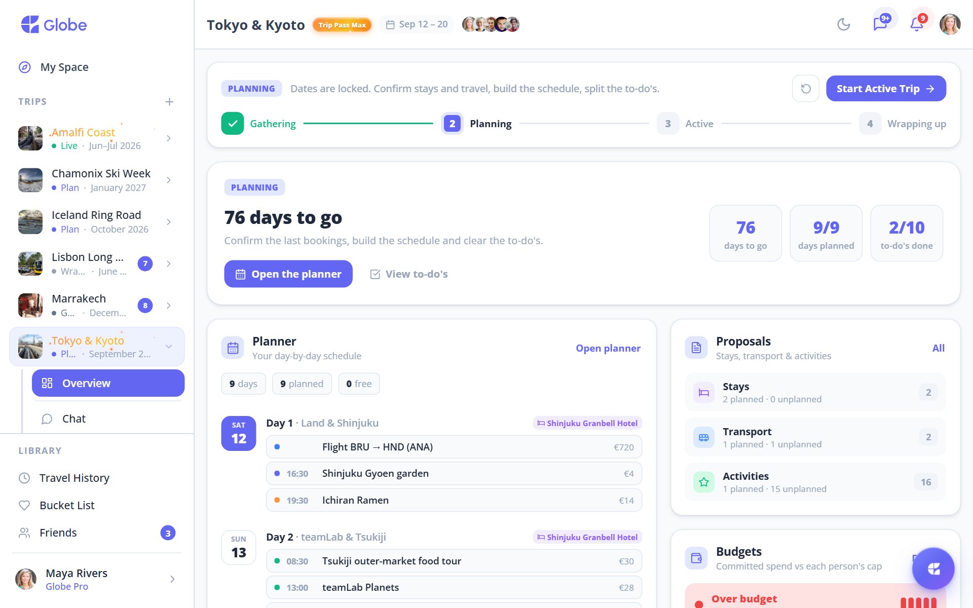 Globe trip overview in a browser